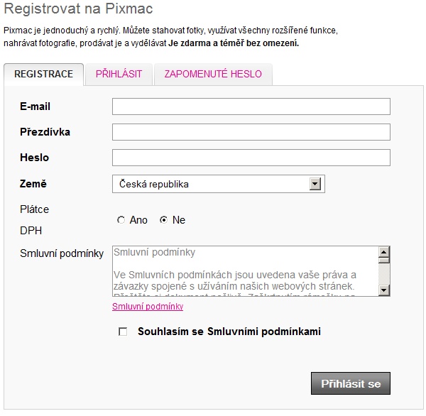 Registrace na Pixmac.cz